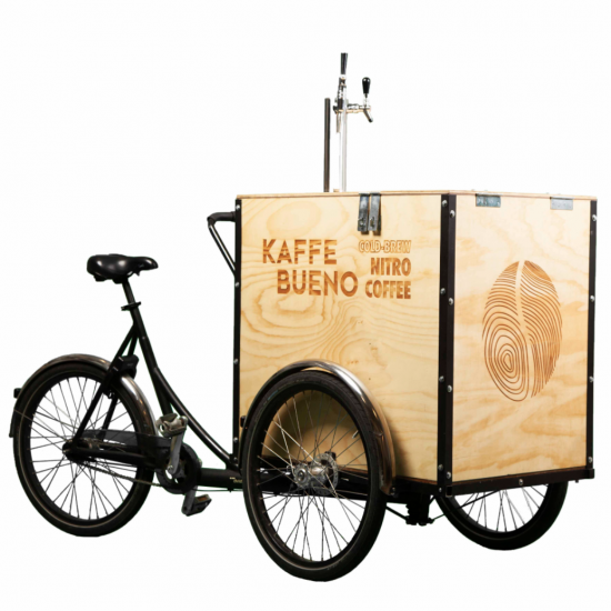 Customised Christiania Bike with a wooden box that says